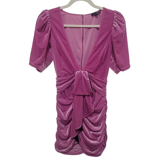 For Love & Lemons Velvet Mini Dress Pink Ruched Tie Front Puff Sleeve‎ S - Picture 2 of 14